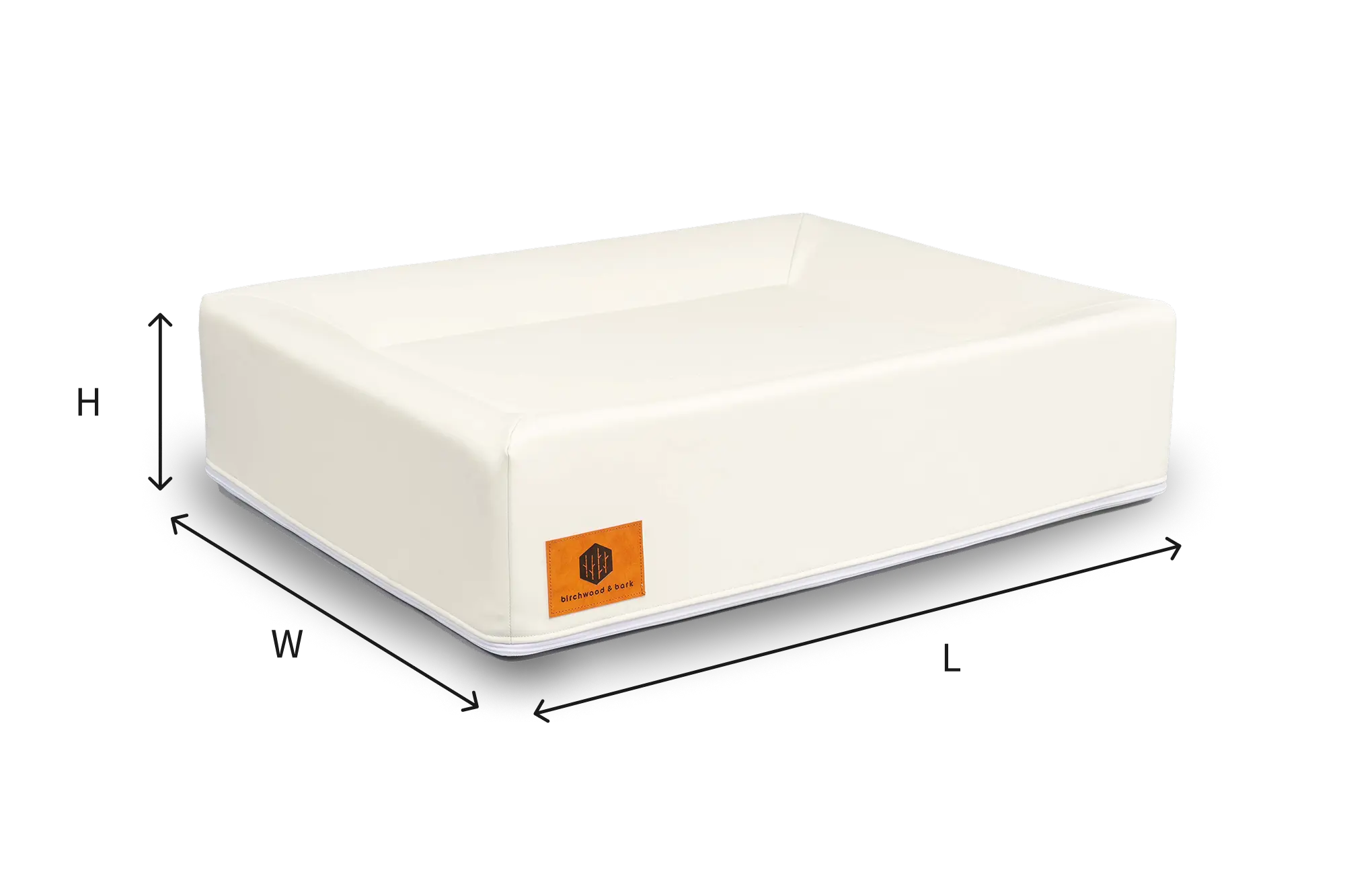 A minimalist Birchwood & Bark dog bed, featuring a waterproof, scratch-resistant off-white base with raised edges and a branded leather patch. The image includes measurement indicators for height (H) and length (L), suggesting size variations or dimensions for reference.