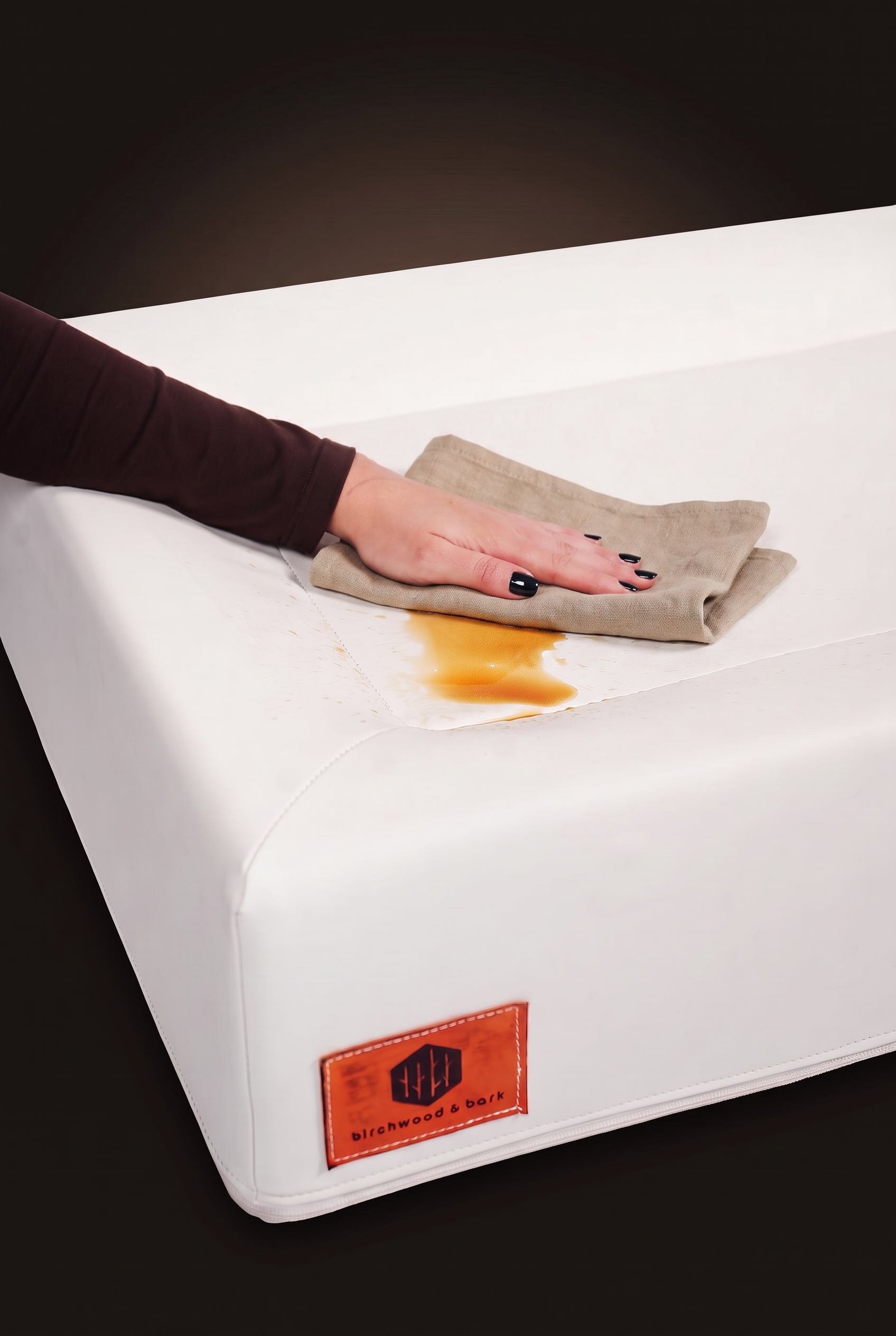 Spill on the Birchwood & Bark wipe-clean dog bed shell being wiped with a cloth