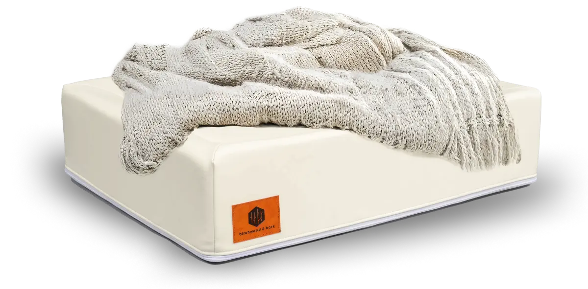 A Birchwood & Bark dog bed with a cozy knit blanket draped over it, featuring the branded leather patch.