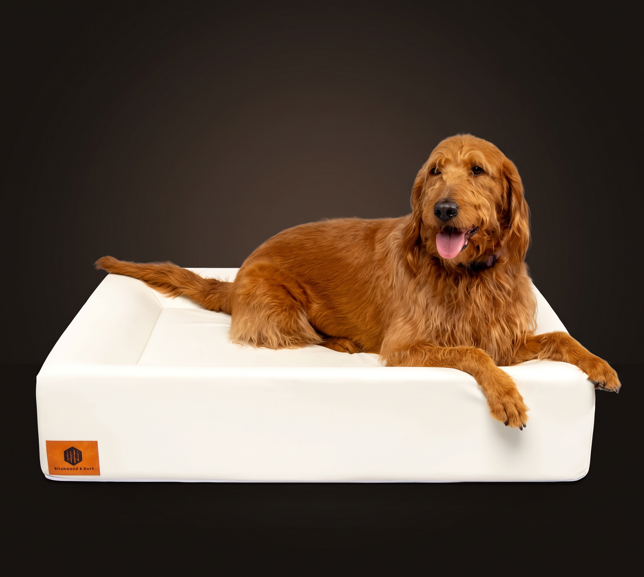Golden retriever lying on the Large Birchwood & Bark wipe-clean dog bed