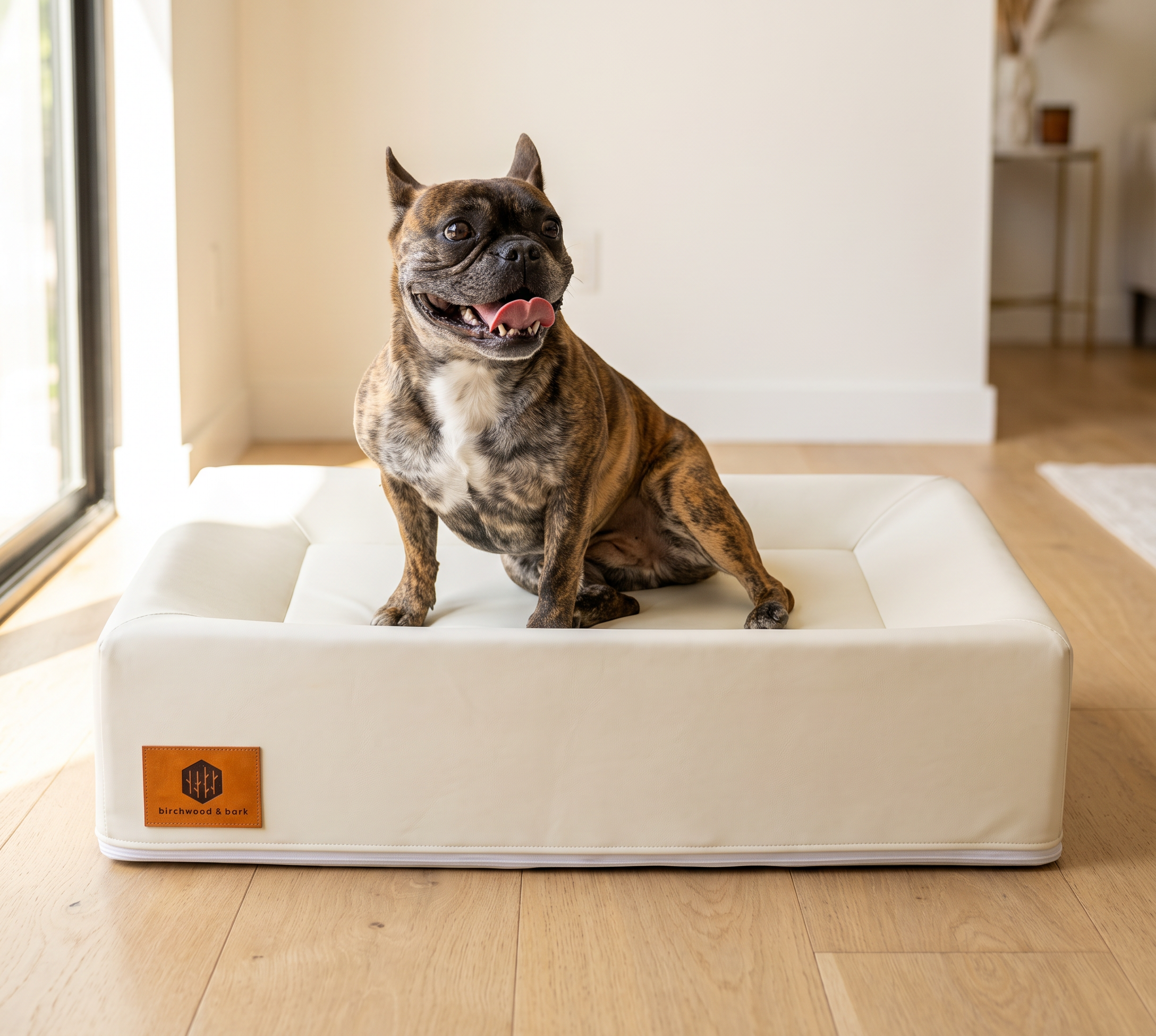 French bulldog sitting on the Medium Birchwood & Bark wipe-clean dog bed in a bright living room