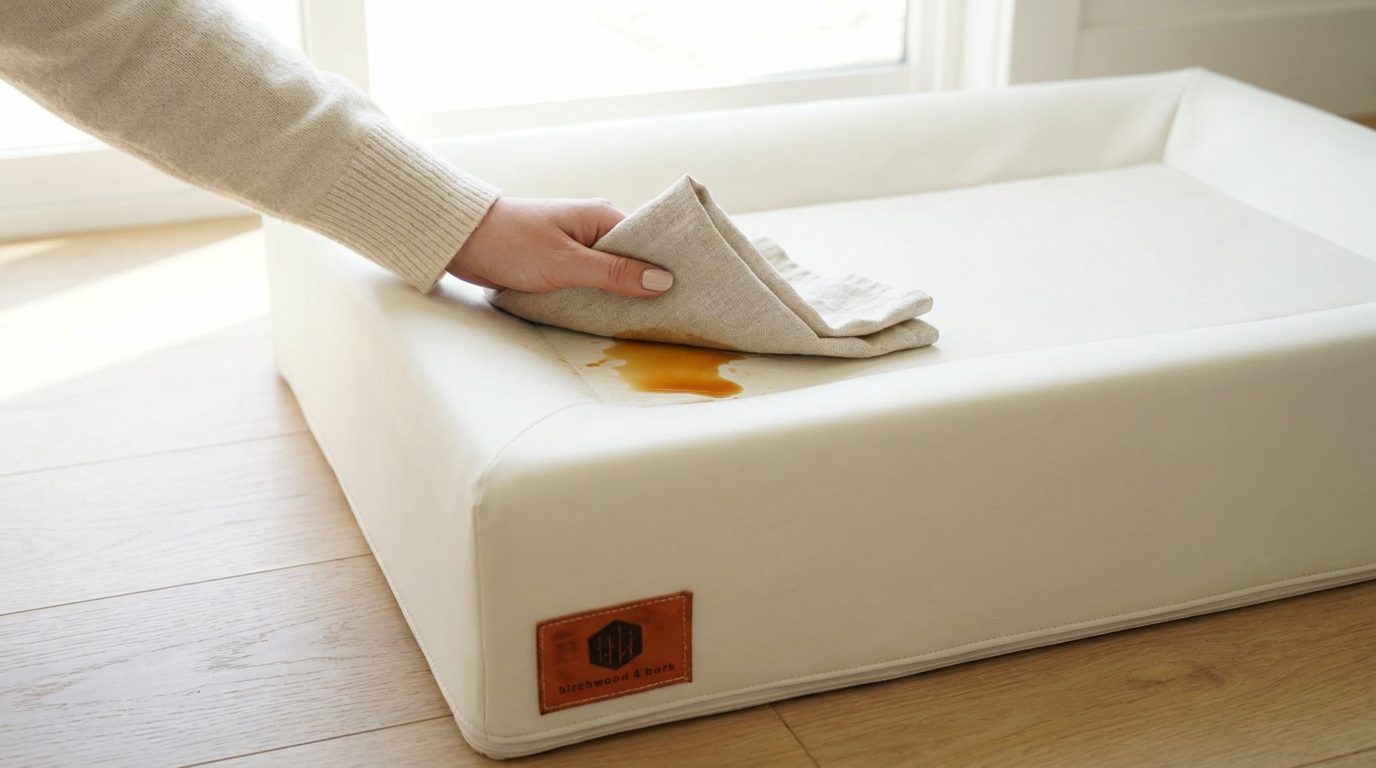 Wiping a spill off the Birchwood & Bark dog bed with a damp linen cloth